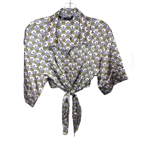 Zara Pineapple Satin Tie Front Top Small - Picture 8 of 9